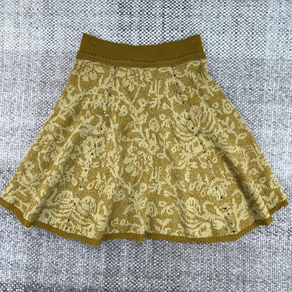 Moth Anthropologie Mustard Yellow Floral Studded Knit A-Line Sweater Skirt SP